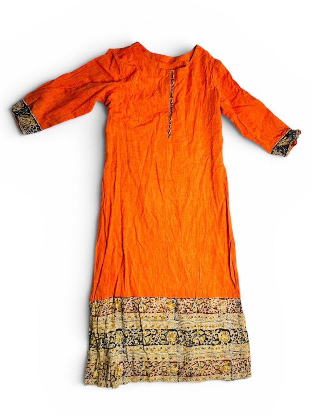 Orange Indian Kurti Tunic Dress Printed Hem 3/4 Sleeve Boho Ethnic